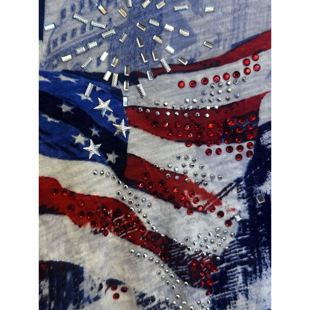 Unique Woman 2X Patriotic Stars Graphic Tunic T-Shirt V-Neck Rhinestone Button - Picture 6 of 16